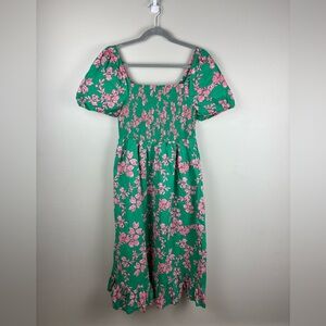 J Crew Dress Green Pink Smocked Midi Puff Sleeve Floral Print Prairie Small